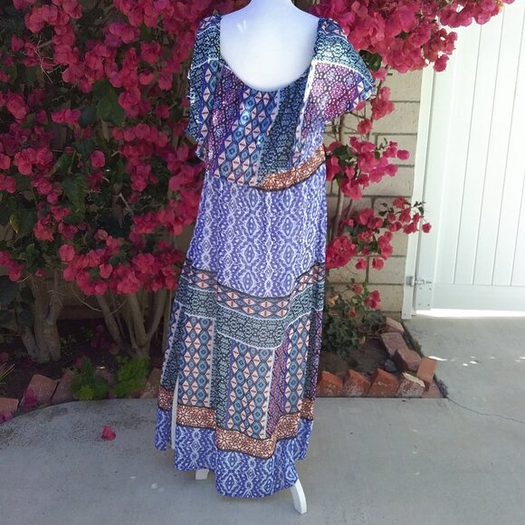 Chico's Womens Dress Maxi Long Blue Size L Print Boho Off the Shoulder Casual - Picture 6 of 7